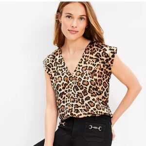 LOFT NWT Leopard Print Satin Cap Sleeve V-Neck Top Size Large